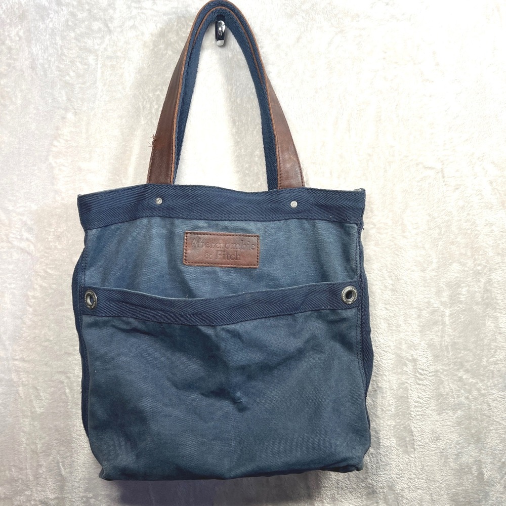 Y2K Abercrombie Fitch Blue Canvas Leather Tote Bag Shoulder Bag Carryall
